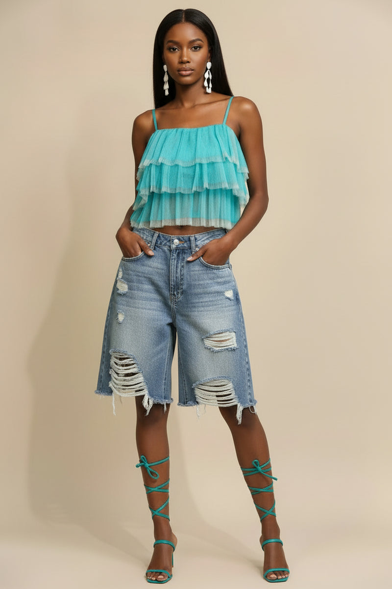 Fluffy Tulle Layered Top- Teal