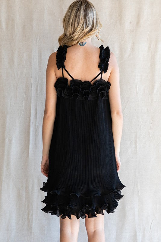 Black Pleated Ruffle Dress