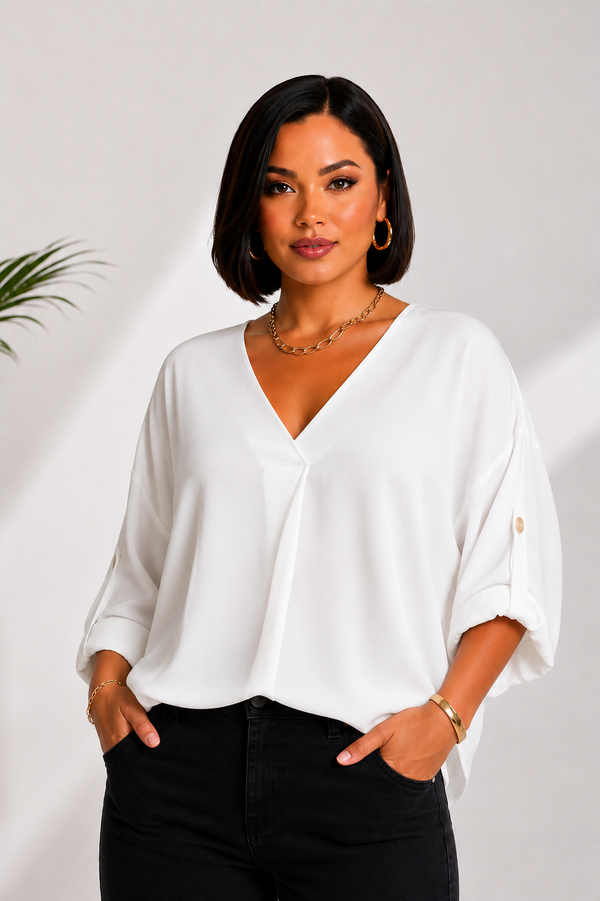 Oversize Pleat Notch Blouse - White