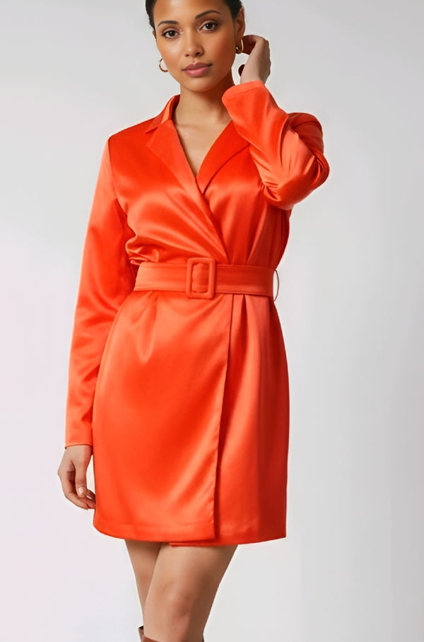 Neon Orange Blazer Dress w/ Belt