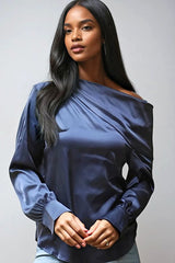 One Shoulder Satin Top- Navy Stretch