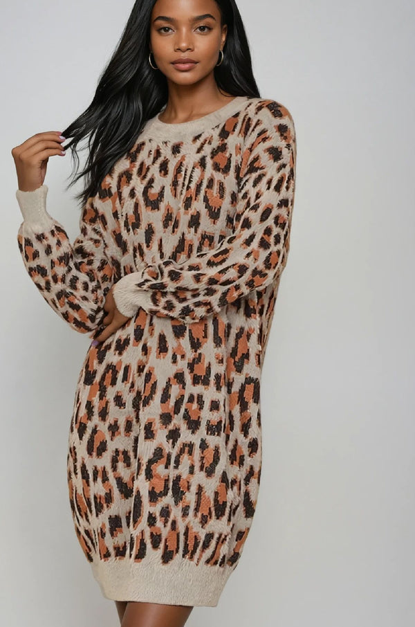 Faux Fur Print Sweater dress