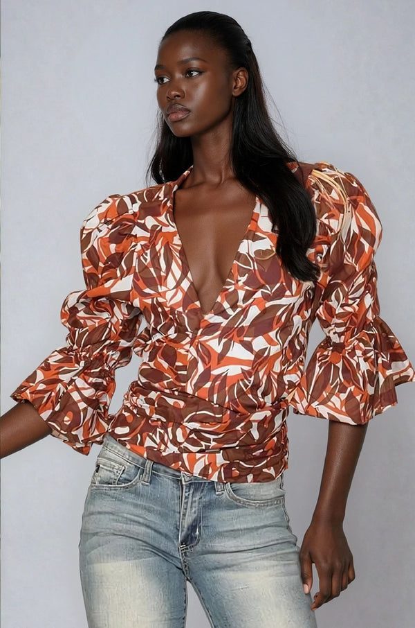 Rust Floral Wrap Top