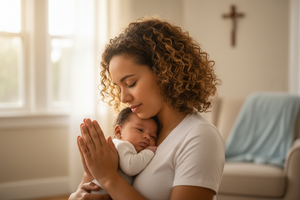 BIRACIAL MOM PRAYING WITH BABY