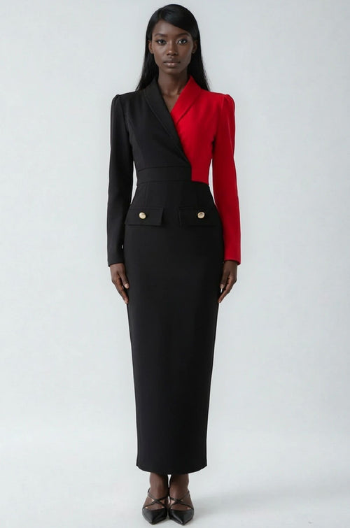 Black Red ColorBlock Midi Dress