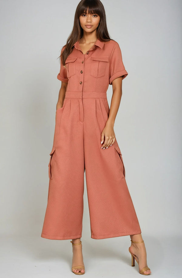 Rust Twill Cargo Jumpsuit