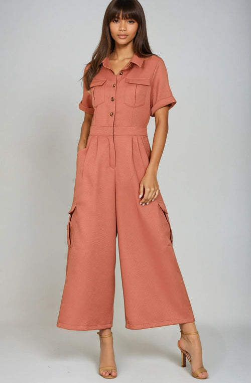 Rust Twill Cargo Jumpsuit