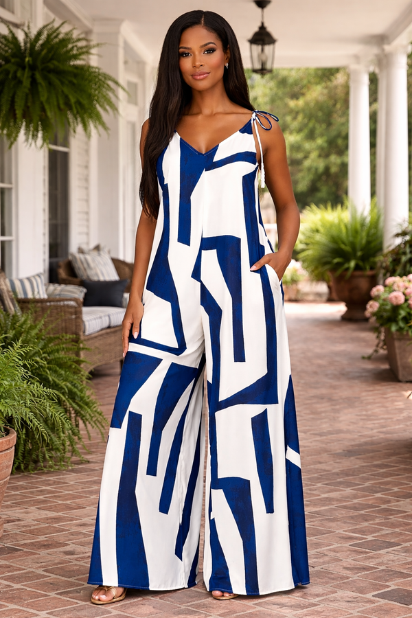 Missy- Geo Blue Drape Jumpsuit