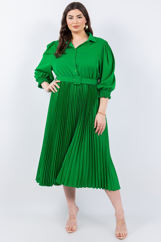 Curvy Pleated Midi Dress-Green