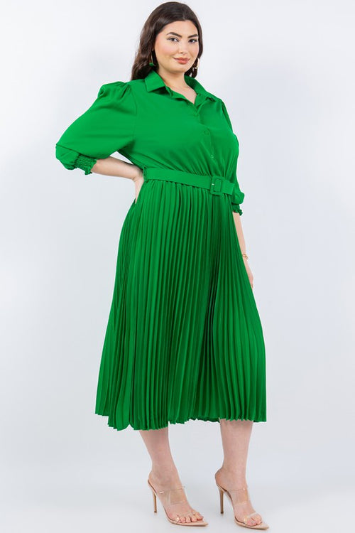 Curvy Pleated Midi Dress-Green