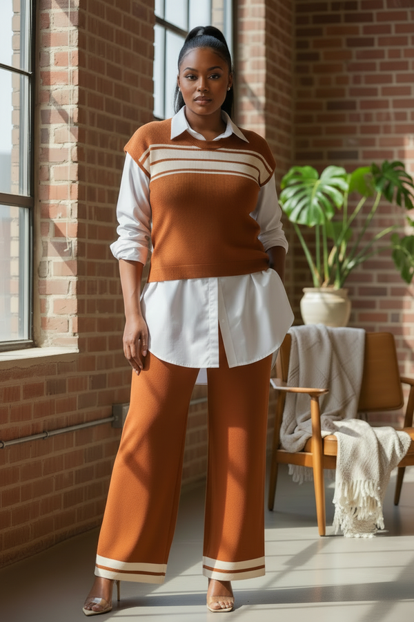 Curvy- Knit Stripe Set - Brown